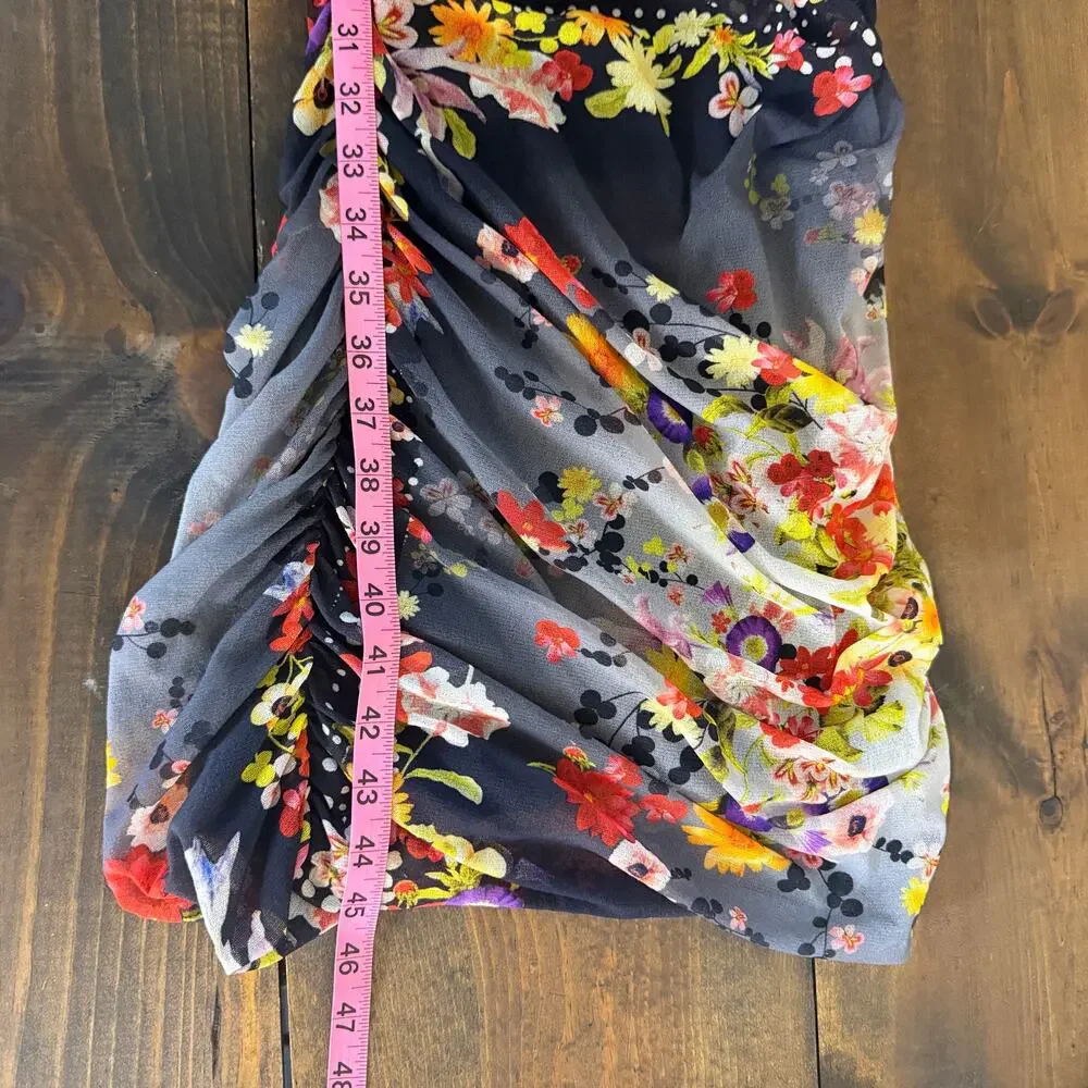 Fuzzi Black Grey Long Sleeve Floral Mesh Bodycon V neck Midi Dress Women's XL - Picture 9 of 9